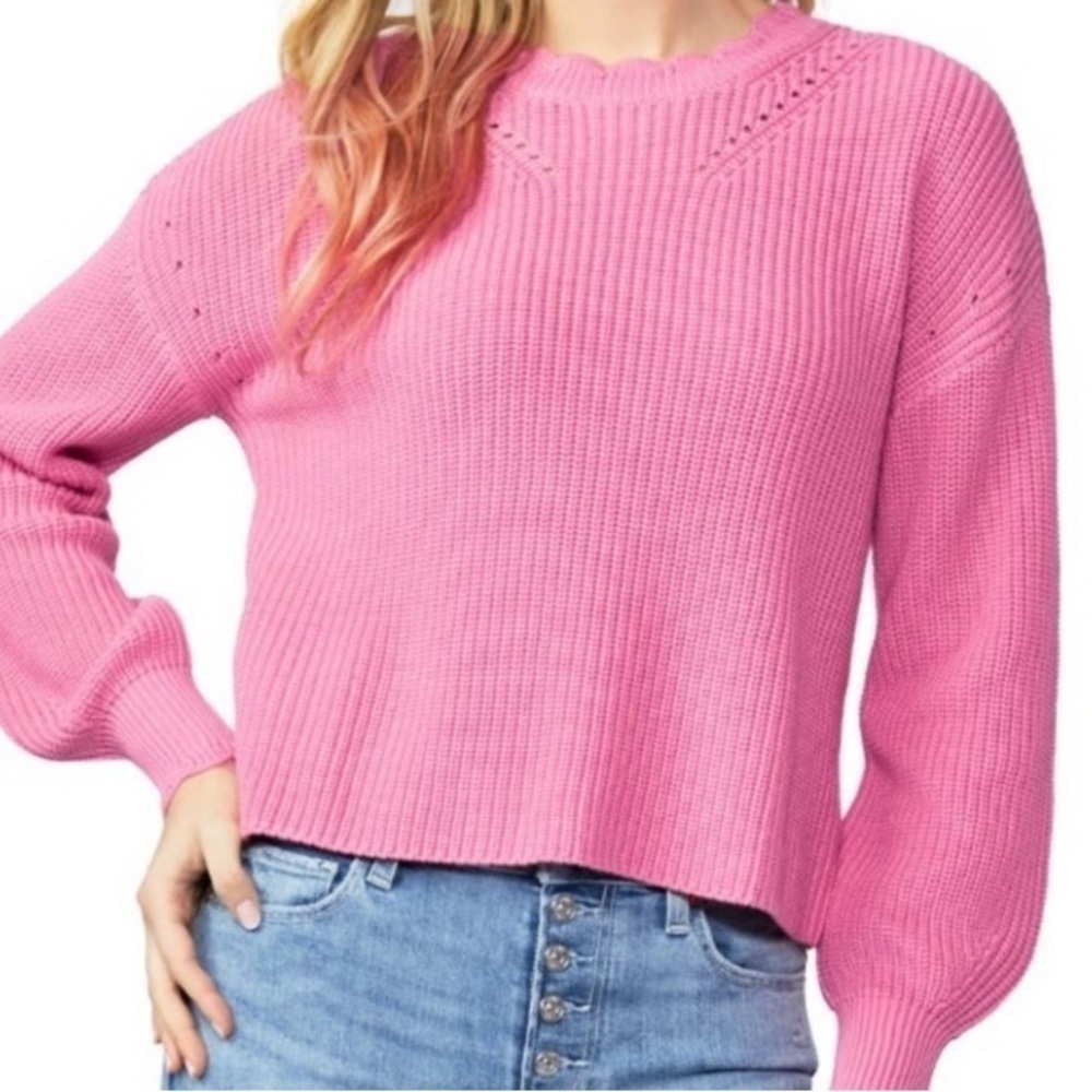 PAIGE Yenni Balloon Sleeve Sultry Rose Scalloped Crew Neck Sweater - Sz Med, NWT
